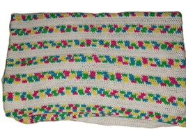 Handmade Crocheted Striped Blanket White and Bright Multicolor Retro Vin... - $35.00