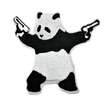 PANDA WITH GUNS IRON ON PATCH 3&quot; Embroidered Applique Pistols Black Whit... - £3.95 GBP