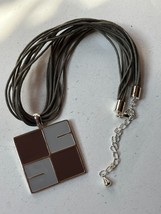 Multistrand Olive Green Cord w Large Brown &amp; Enamel Silvertone Square Pendant Ne - £9.02 GBP