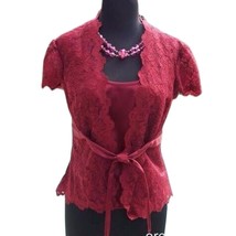 Cache Sheer Lace Outer Lot 2 Satin Cami Top Jacket Self Belt $158 Scarlett Red - £48.89 GBP