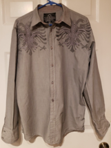 Roar Buckle Embroidered Mens LS Shirt Sz L Gray/Black Embroidery Free Life - £12.95 GBP