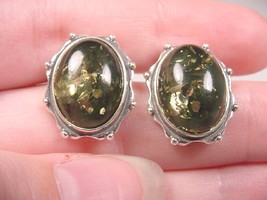 pe36-1L) Green Amber oval stone + .925 sterling silver dot trimmed stud EARRINGS - £32.12 GBP