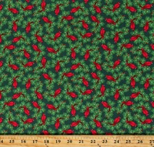 Cotton Cardinals Birds Christmas Holiday Green Fabric Print By The Yard D401.69 - £28.30 GBP