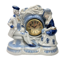 Vintage Porcelain Mantel Clock Victorian Colonial Man &amp; Woman Blue White Quartz - £15.97 GBP