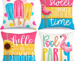 Hello Summer Pillow Covers 18X18 Inch Set of 4, Popsicles Flamingo Swim ... - $29.77