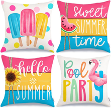 Hello Summer Pillow Covers 18X18 Inch Set of 4, Popsicles Flamingo Swim Ring Poo - £23.41 GBP