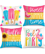 Hello Summer Pillow Covers 18X18 Inch Set of 4, Popsicles Flamingo Swim ... - £23.27 GBP