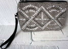 Silver Beaded Sequin Black Sueded Cotton Wristlet Zip Close Purse Made I... - $24.72