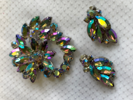 Vtg Brooch &amp; Earrings Set High End Costume Jewelry AB Faceted Stones Prong Set - £39.65 GBP