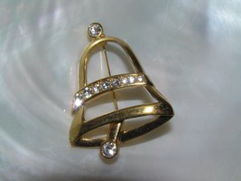 Vintage Napier Signed Goldtone Christmas Bell with Clear Rhinestone Accents Pin - £8.16 GBP