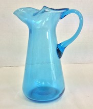 Vintage Blue Glass Pitcher Applied Blue Handle Bubbles 22Oz Pinched Spout - £11.14 GBP