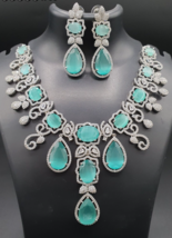 Indian Blue Silver Plated Bollywood Style Choker Necklace CZ Jewelry Set - £115.69 GBP