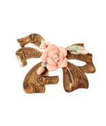 Vintage Pin Brooch Brass Ribbon Bow with Ceramic Flowers Very Old - €7,46 EUR
