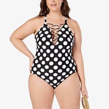 NWT La Blanca Laceup High Neck One Piece Swimsuit Black Polka Dot Print Size 16W - £54.92 GBP