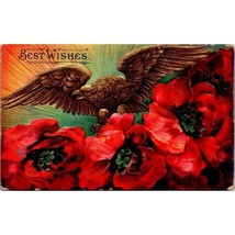 Antique Embossed Best Wishes Postcard Cottagecore Eagle and Poppies Flowers - £10.07 GBP