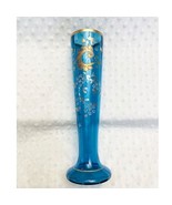 Antique Turquoise French Enamel Glass Vase, Hand Painted Floral, Gold Gi... - $134.04 CAD