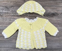 Hand Knit Baby Girl Sweater And Hat Size 0-6 Months Yellow/White Colors - £11.66 GBP