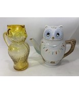 2 Owl Creamer Pitchers - Yellow Gold Glass + White porcelain Vintage Mid... - $16.83