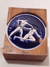 (Set)Pandora Ceramic Coasters Greek Mythology Hand Made In Greece Wooden Holder - £49.97 GBP