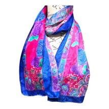 Vintage Bright Spring Floral Paisley Blue Pink Long Scarf Shawl Wrap 52X10 - £18.33 GBP