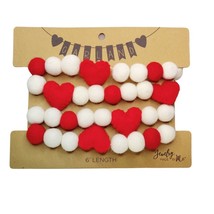 Jewelry By Me Red &amp; White Felt Heart &amp; Pom Pom 6ft Garland Valentine&#39;s Day Theme - £13.92 GBP
