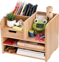 Frcctre Bamboo Desktop Organizer With Drawer, 3 Tier Wooden, Office Supplies - £34.36 GBP