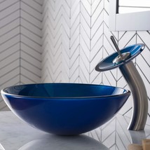 Irruption Blue Glass Vessel Sink And Waterfall Faucet By, In Satin Nickel. - £221.38 GBP