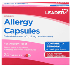 Leader Antihistamine Allergy Relief 25 Mg Mini Tablets 24 HR Relief 24 C... - $9.89
