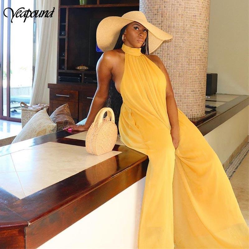 Halter Sleeveless High Waist Women Wide Leg Chiffon Jumpsuits