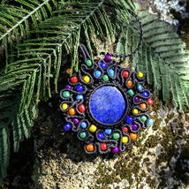 Black Macrame Pendant with Lapis Lazuli and Rainbow Beads Micro-macrame ... - $35.00