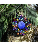 Black Macrame Pendant with Lapis Lazuli and Rainbow Beads Micro-macrame ... - $35.00