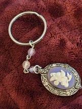 Disney Minnie Mouse Purple Beaded Silver Tone Cameo Locket Keychain 3in. - £11.14 GBP
