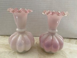 Fenton Vintage Pair Cased Milk Pink Art Glass Crimped Vase Ruffled Edge - $42.00