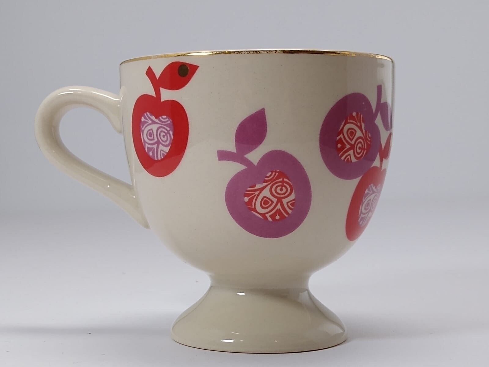 Primary image for Anthropologie Pedestal Mug Apples Ceramic White Coffee Tea Cup Red Interior 8oz.