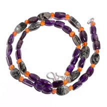 Natural Amethyst Rutile Quartz Carnelian Gemstone Beads Necklace 17&quot; UB-4025 - £7.94 GBP