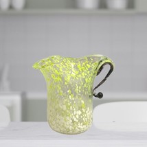 Splatter Glass Pinched Pitcher Vase Hand Blown Chartreuse Yellow White Vintage - £18.04 GBP