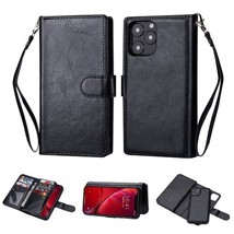 Leather Wallet Removable Magnetic Dual Case Cover for iPhone 13 Pro 6.1 BLACK - £6.88 GBP