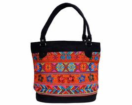 Floral Tribal Pattern Huipil Embroidered Black Vegan Suede Tote Purse Bag - Wome - £23.29 GBP