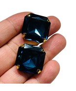 Made In Italy Gold Tone Blue Faceted Rhinestone Clip On Statement Earrings - $39.12