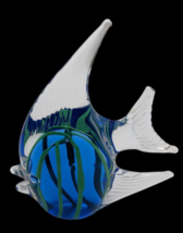Art Glass Angelfish Cobalt Blue Green Stripes Paperweight Figurine 4.5&quot; - £11.46 GBP