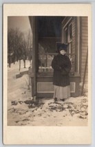 RPPC Woman Posing in Snow at Porch Frozen Water Downspout c1910 Postcard G30 - £7.84 GBP