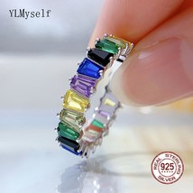 Solid Real 925 Silver Ring Pave T-Square Shape Rainbow Zircon Shiny Rhodium Plat - £38.60 GBP