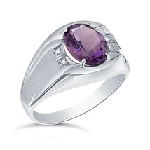 Sterling Silver 10 x 8mm Genuine Amethyst &amp; Diamond Man&#39;s Ring - £81.47 GBP