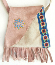 Vtg Leather Fringe Bag Handbag Purse-Small-Handmade-Pink-Beaded-Hippy In... - $28.04