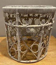 Vtg White Wicker Rattan Plant Stand Boho Scroll Peacock Side Table Round... - $158.39