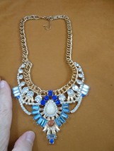 vn-12 vintage blue rhinestone milk glass gold tone necklace costume jewe... - £94.90 GBP