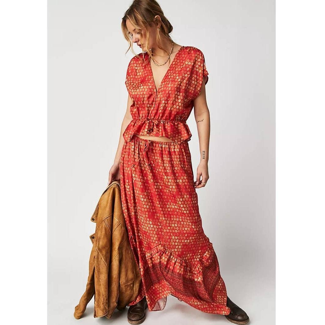 New Free People Dreambound Silky Maxi Skirt Set $168 X-SMALL Red Boho V-... - $88.20