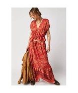 New Free People Dreambound Silky Maxi Skirt Set $168 X-SMALL Red Boho V-... - $120.63 CAD