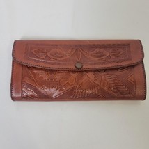 VTG Hand Tooled Detailed Leather Brown Long Bill Tri Fold Wallet Mexico Unused - £13.22 GBP