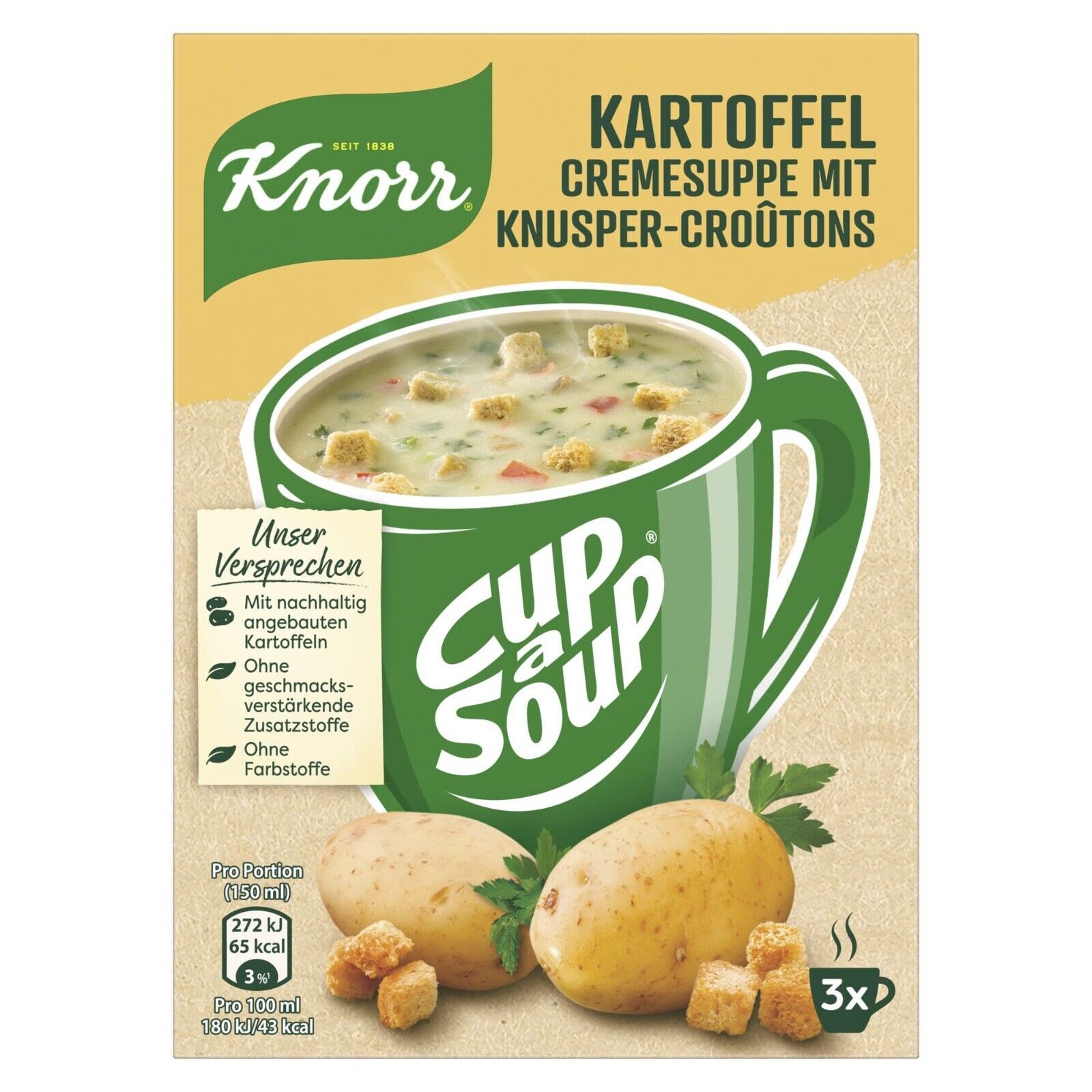 Knorr HOT MUG Instant Soup: Cream of POTATO -Pack of 3 sachets -FREE SHIPPING - $7.91